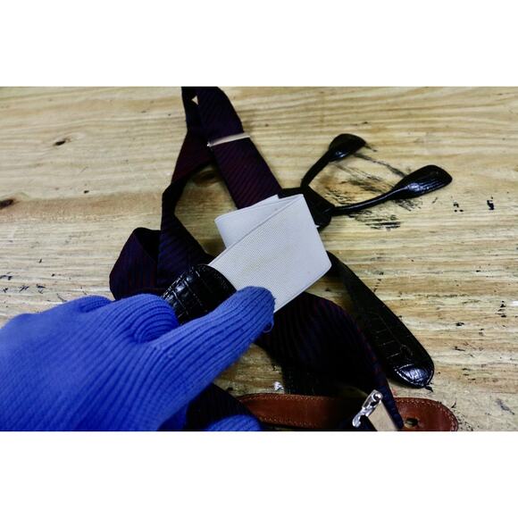 Trafalgar Silk Blue Red Striped Suspenders 1.375" Wide Black Leather Attachments - Picture 9 of 9